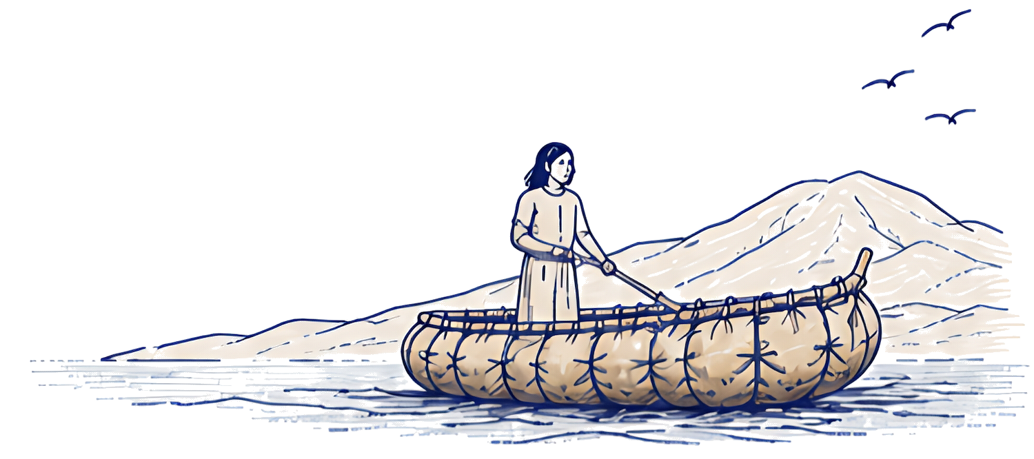 Ilustración pueblo chango en balsa